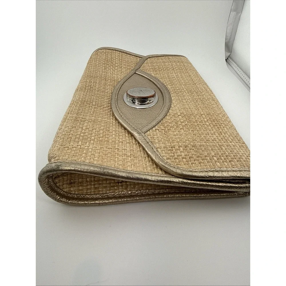 Bodhi Straw Raffia Metallic Leather Envelope Clutch Evening Bag